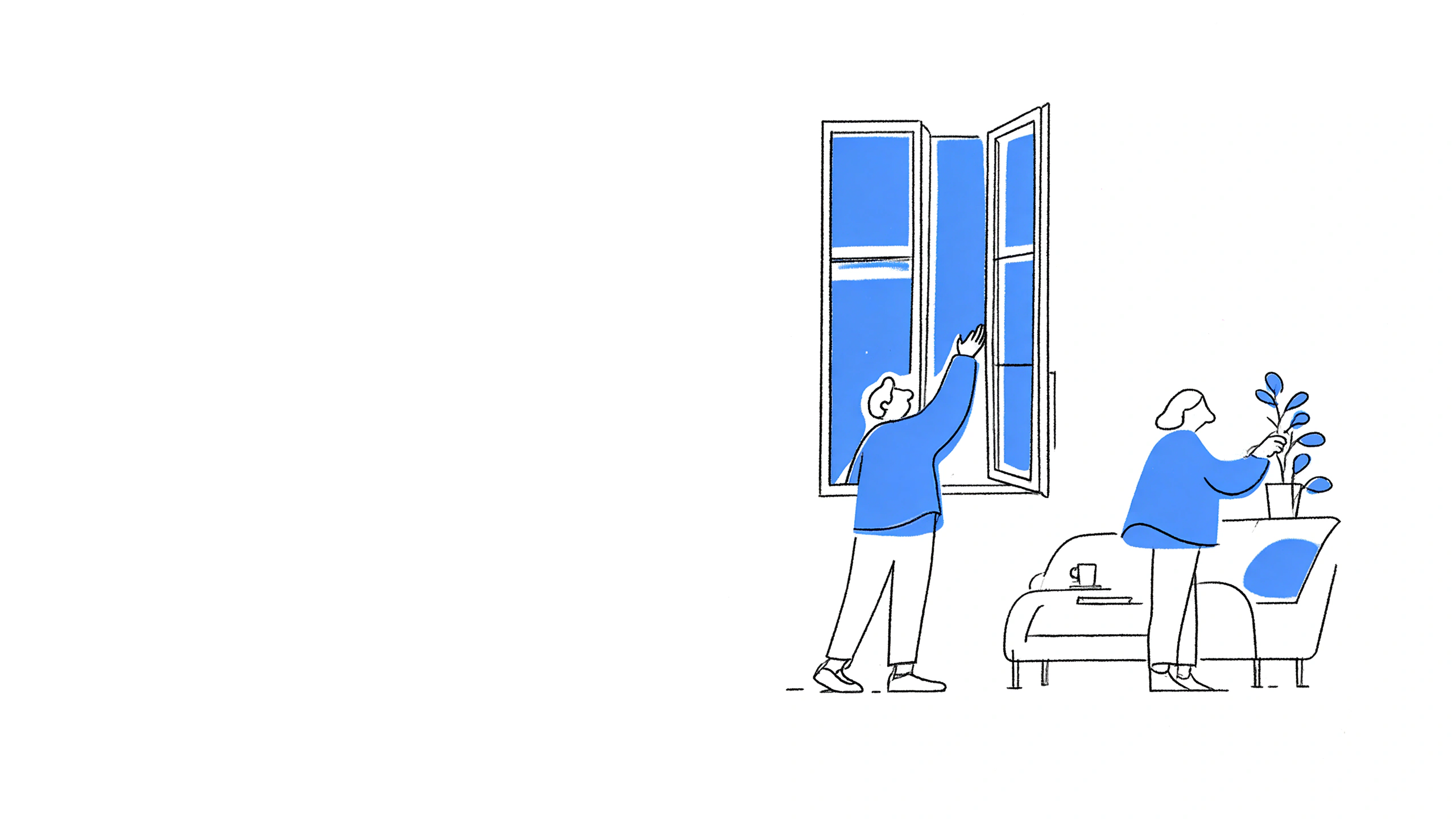 Blue and black line illustration of people settling into a home and tending to everyday life.