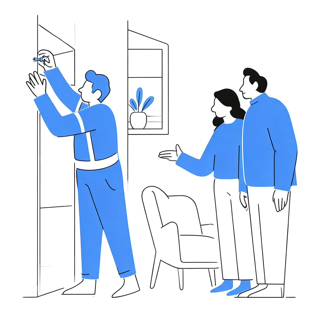Blue and black line illustration of a person receiving help with a home while two others look on.