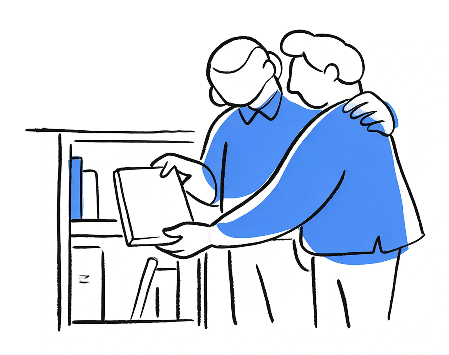 Black and Electric Blue line illustration of people reviewing plans and documents together.