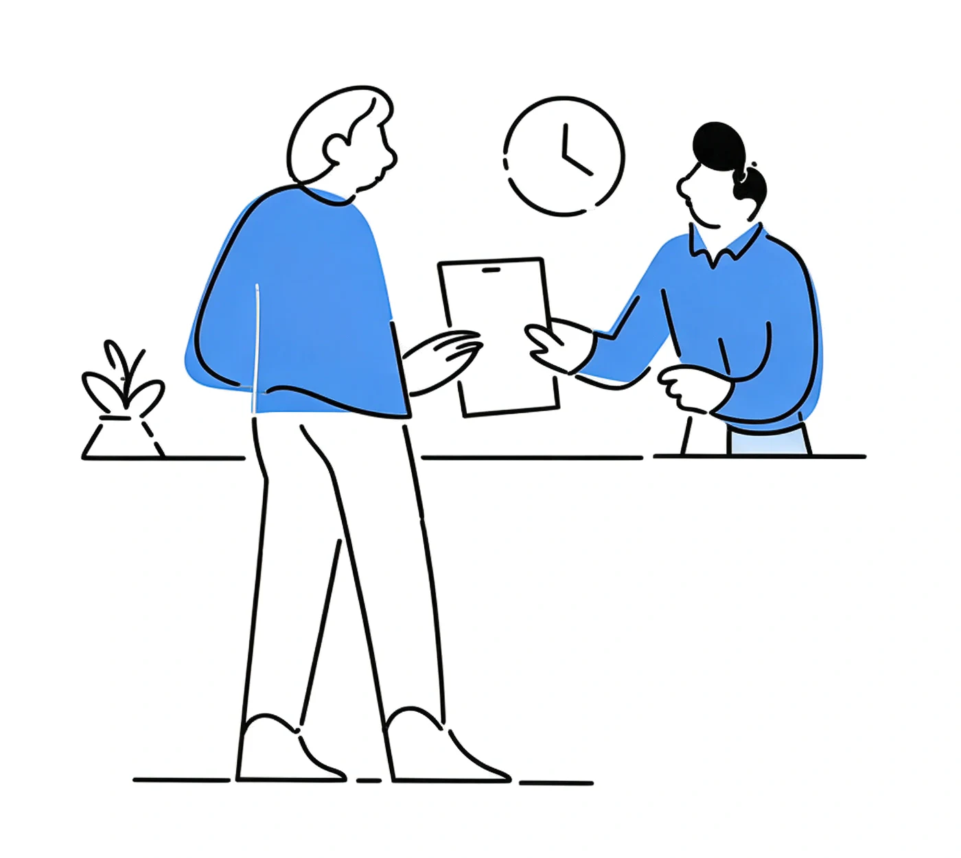 Blue and black line illustration of people navigating local services together.